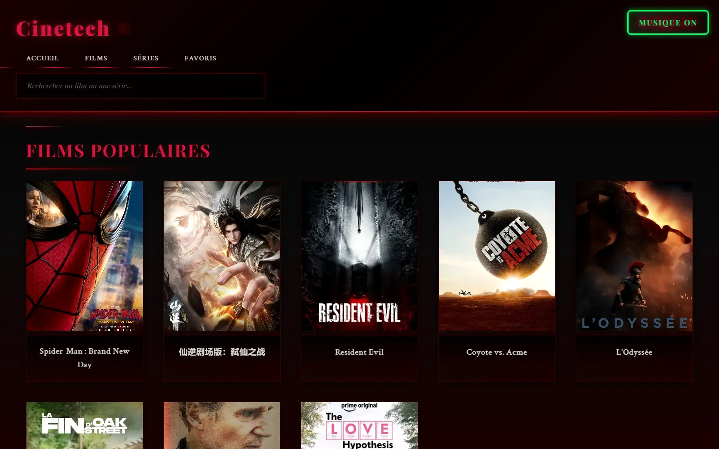 Page d'accueil de Cinetech listant des films populaires