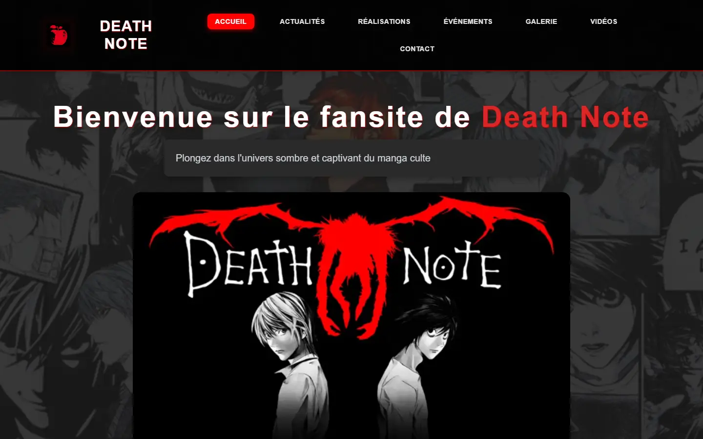Page d'accueil du fansite Death Note