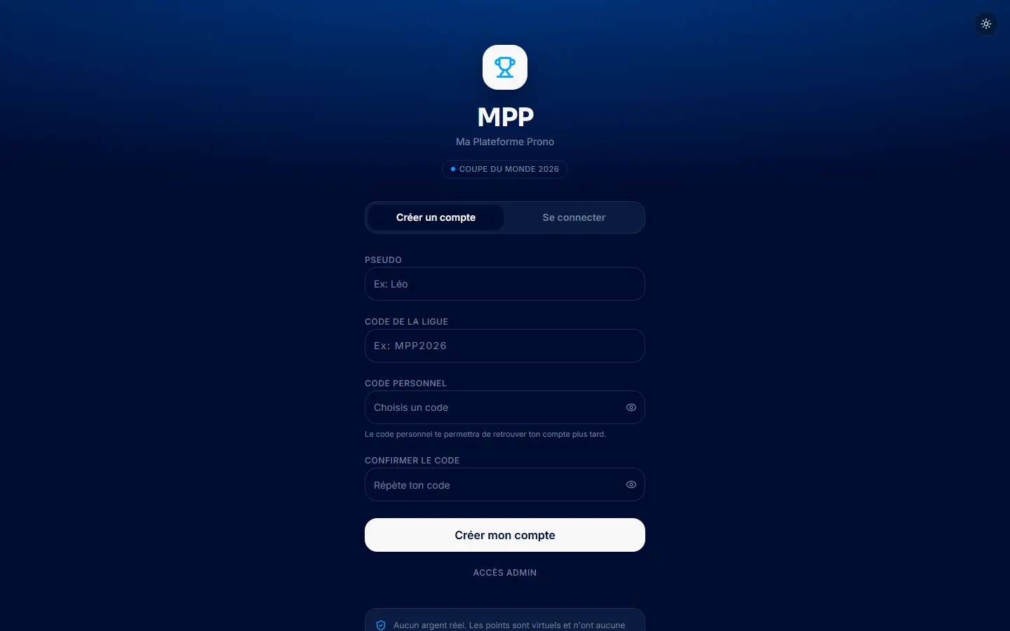 Écran de connexion de MPP World Cup, plateforme de pronostics