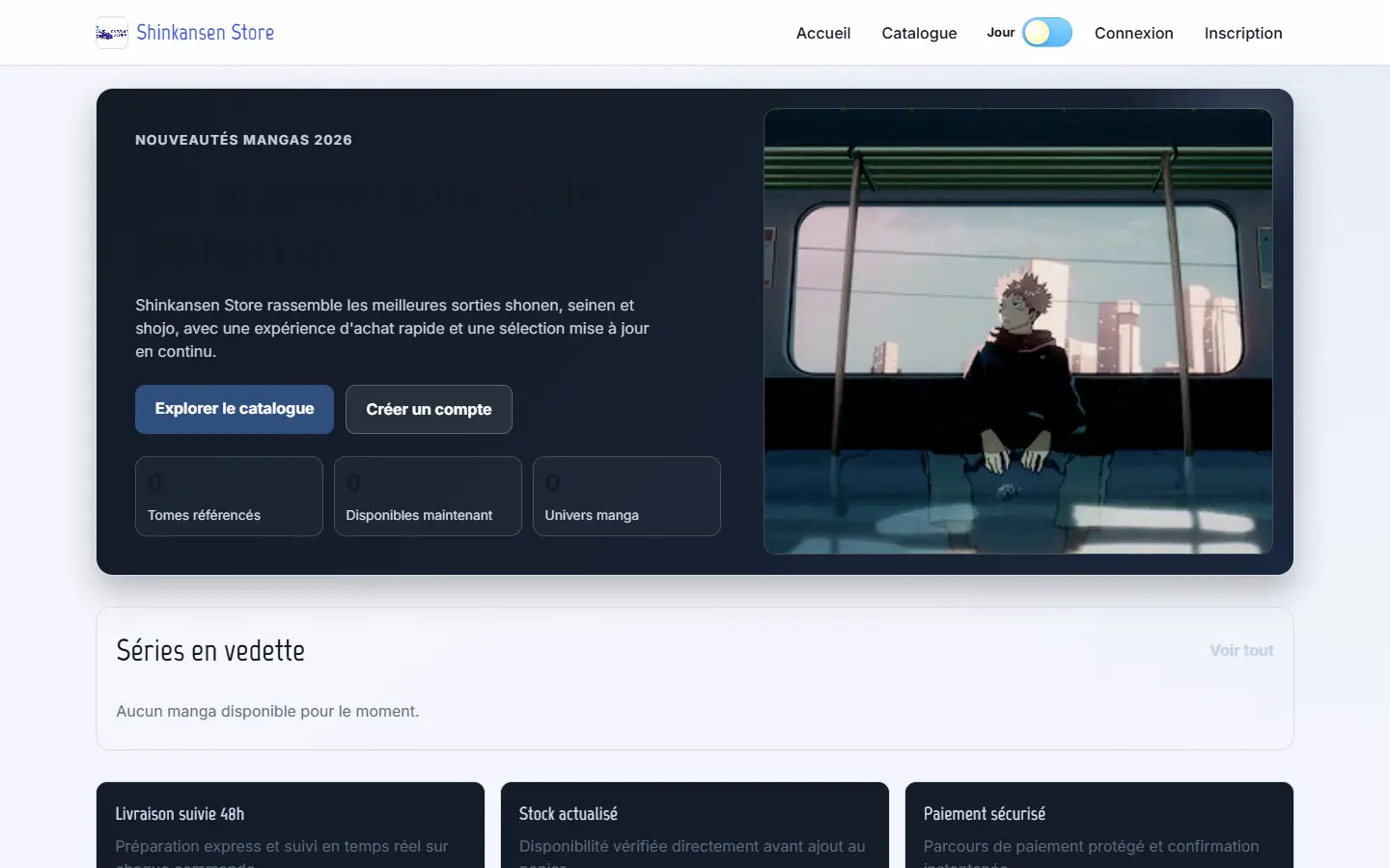 Page d'accueil de Shinkansen Store, boutique en ligne de mangas